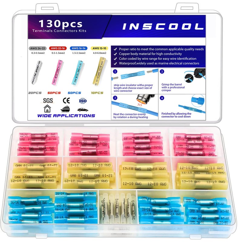Inscool 130pcs Heat Shrink Butt Connector, Waterproof Crimp Electrical Wire Connector, Butt Splice Terminal Best for Repair and Maintenance. Suitable for Automotive, Decoration Wiring, Marine Wire Joint - Image 1